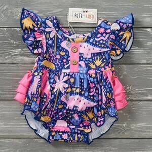 NEW PETE + LUCY girls darling dinos infant romper in blue
